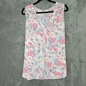 Emma & Olivia XL Tank Top Shirt Pink Floral Flower Sleeveless Henley V Neck